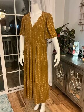 Garnet Hill Golden Brown Midi Dress Loose Flowy Fit Boho Short Sleeve Size Med